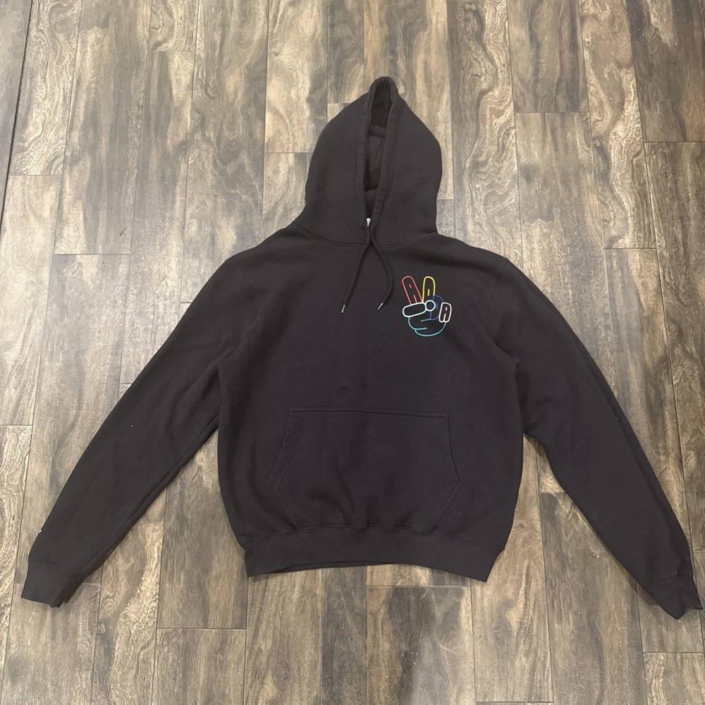 Adidas Originals Hoodie Men's M Black Pullover Fleece Peace Sign Hand Graphic
